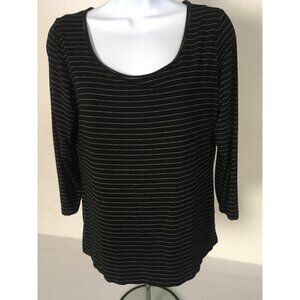 Comfy Top Women Size L Black w Thin Silver Stripes Scoop Neck 3/4 Sleeves